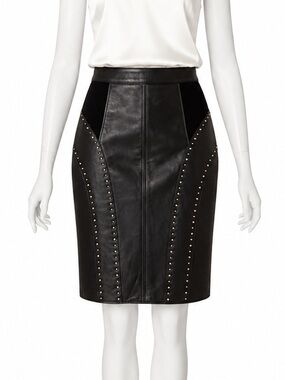 Versace Black Lambskin Leather Studded Pencil Skirt Size 44